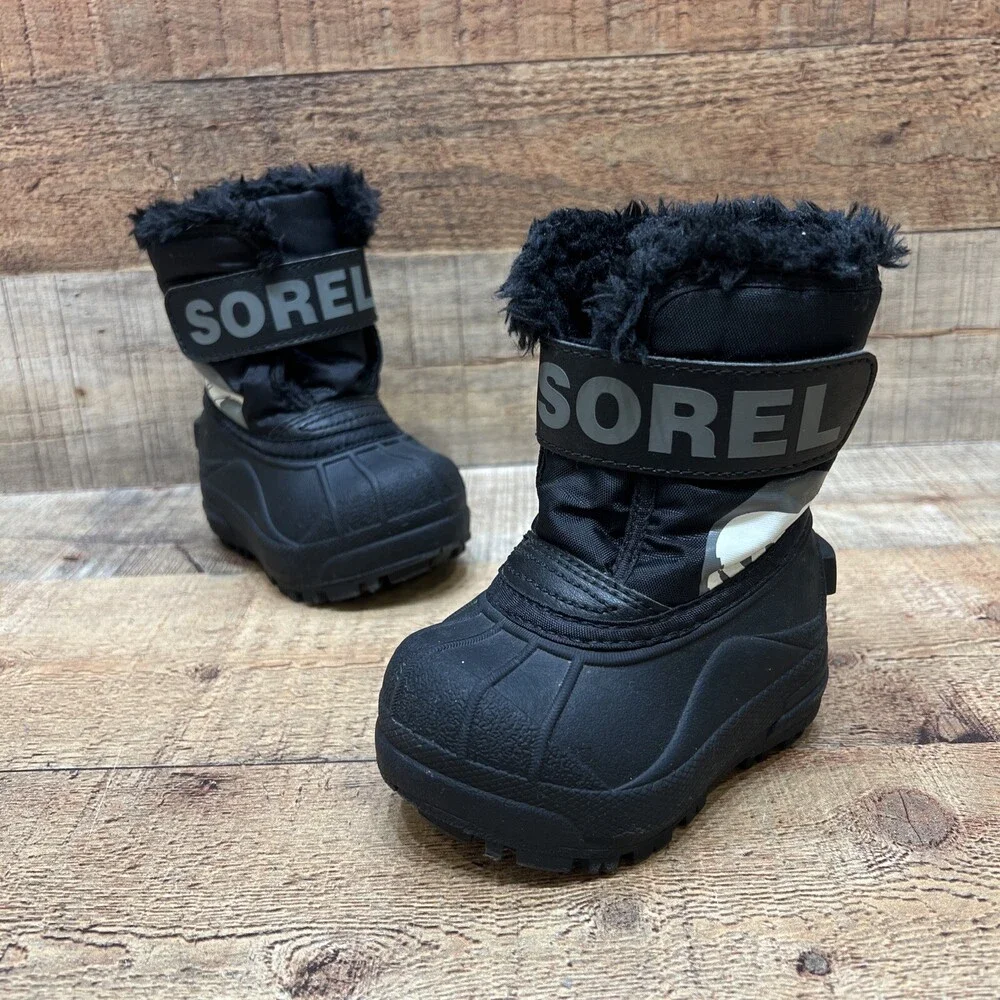 Sorel Commander Baby Boys Black Faux Fur Winter Snow Boots Size 4
